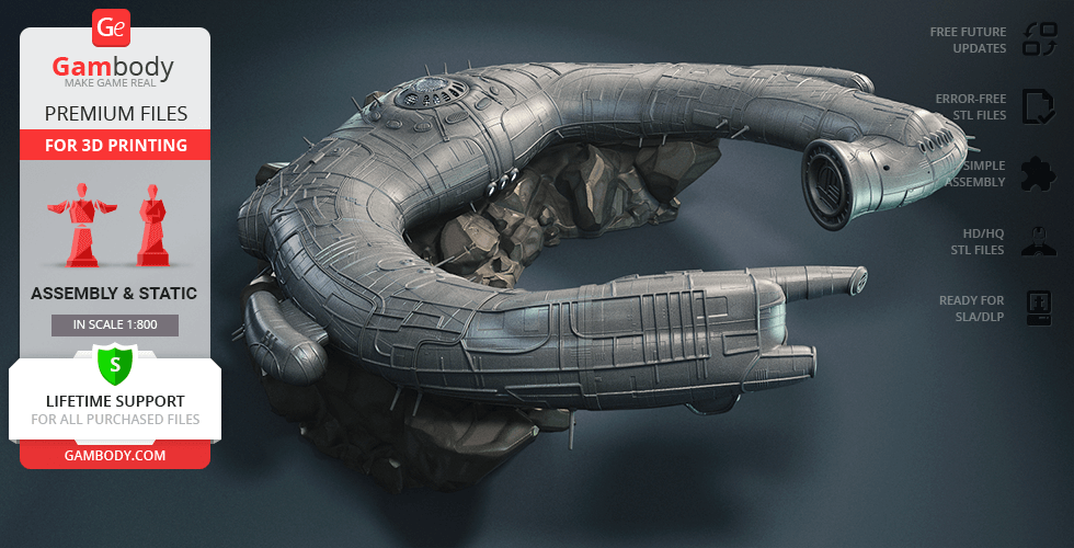 A detailed 3D model of a futuristic spaceship, resembling a Protoss Carrier, for 3D printing.