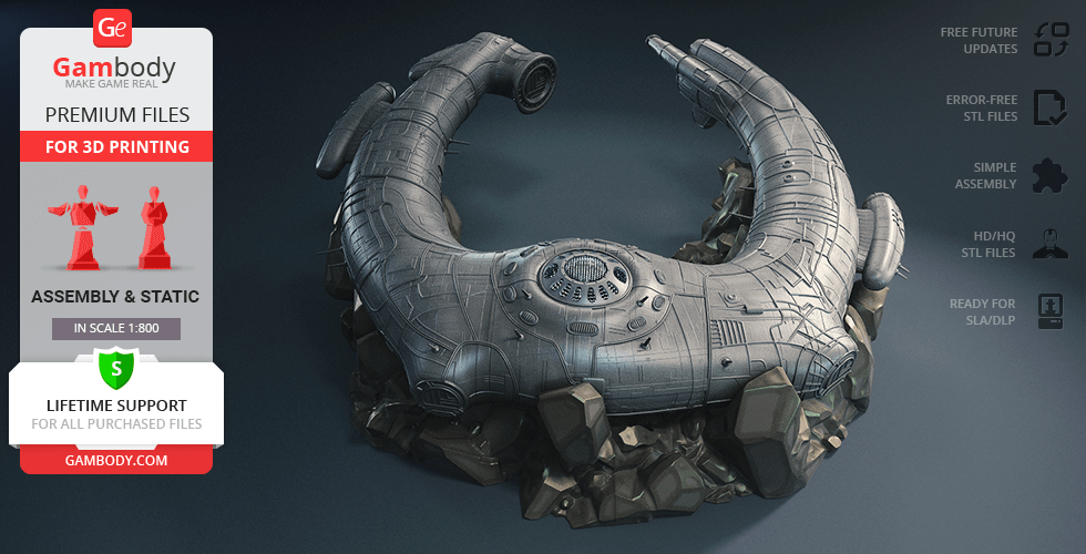 Futuristic, crescent-shaped spacecraft model on a rocky base for 3D printing, from Gambody.