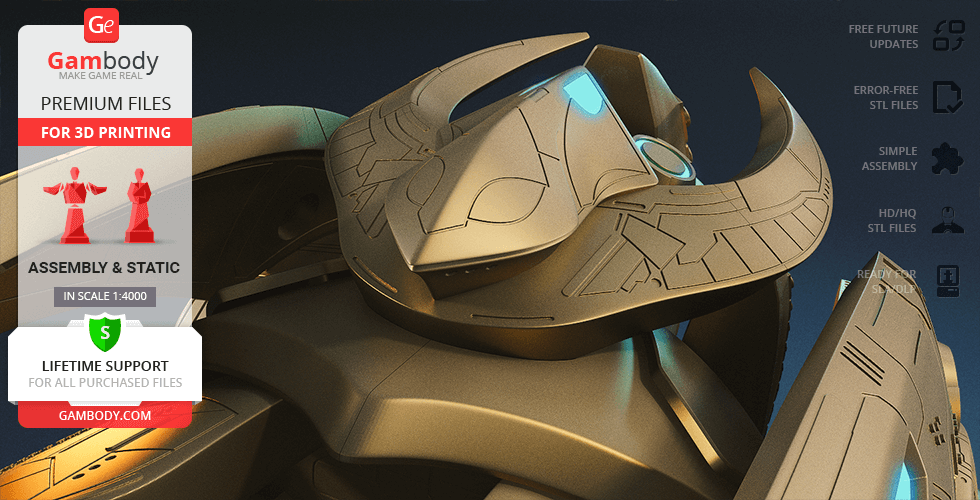 Futuristic 3D model with intricate designs. Includes text offering 3D printing files and support from Gambody.