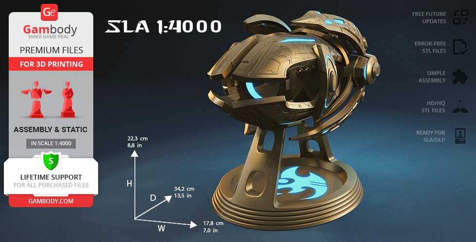 Futuristic 3D model of a Protoss Carrier ship on a stand with blue accents, ready for 3D printing.