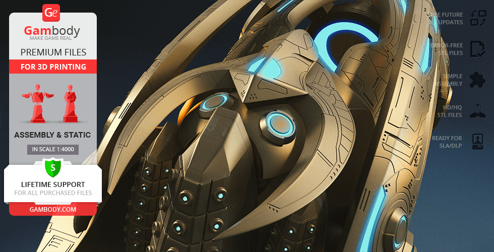 A detailed, futuristic spaceship model with glowing blue elements and intricate paneling.