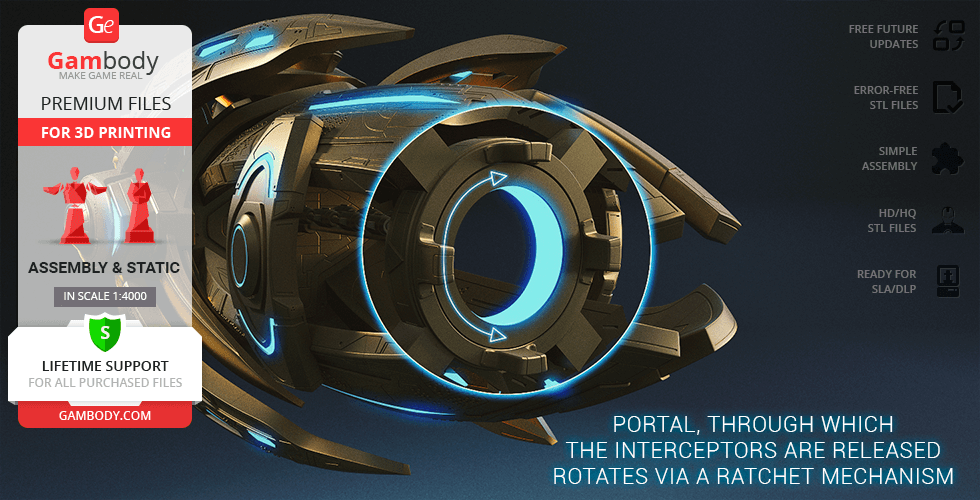A detailed 3D model of a sci-fi spaceship component with glowing elements and mechanical features.