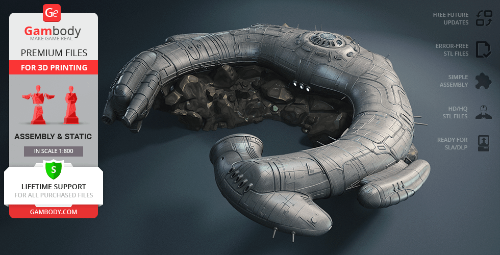 Futuristic Protoss spaceship model with detailed textures, ready for 3D printing. Includes Gambody info.