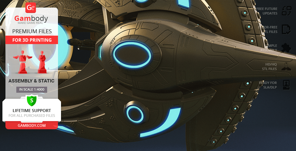 Futuristic spacecraft close-up with glowing blue elements, promoting 3D printing files from Gambody.