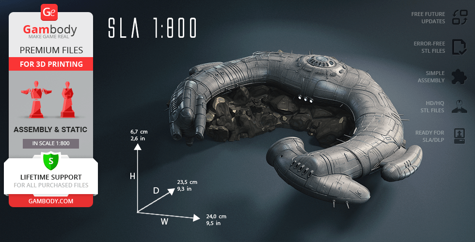 A detailed 3D model of a futuristic spaceship, designed for SLA 3D printing at a 1:800 scale.