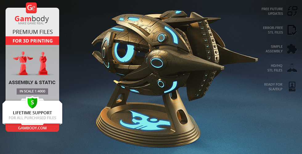 Futuristic spaceship model with blue accents displayed on a stand, featuring intricate details for 3D printing.