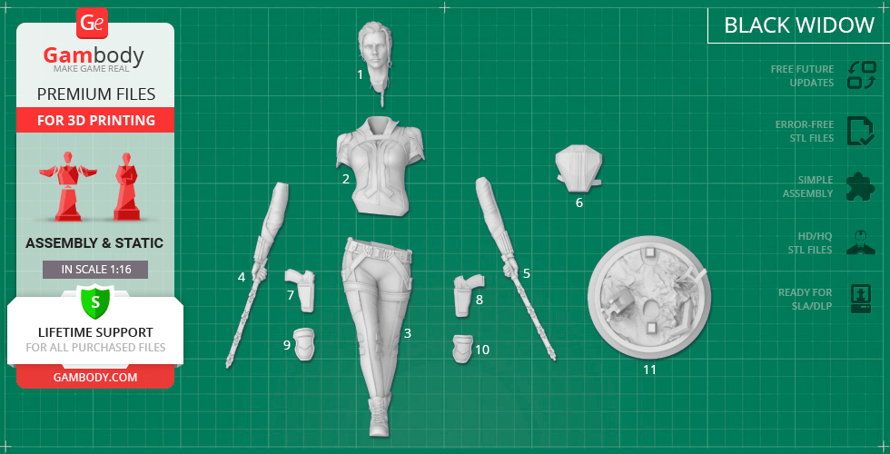 3D model parts of a character, labeled and displayed for assembly, featuring body and accessories.