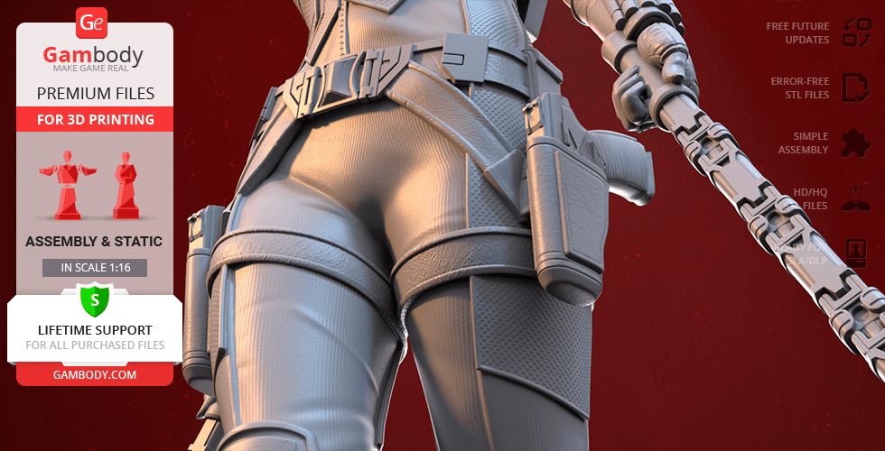 Close-up of a detailed 3D model of a character in tactical gear with dynamic pose, highlighting text offers.