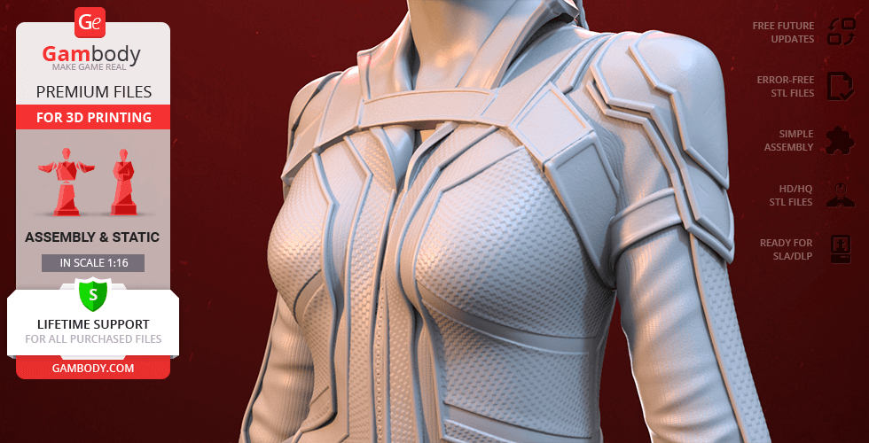 3D model of a detailed character in an armored suit, highlighting intricate patterns and textures.