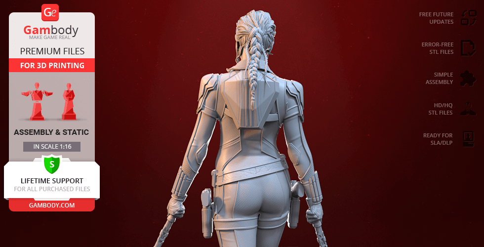 A 3D printed model of a female character with a braid, seen from behind, in tactical gear.