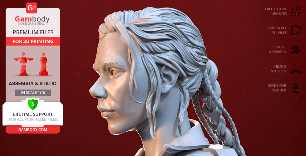 Side profile of a detailed 3D female character model with braided hair for 3D printing from Gambody.