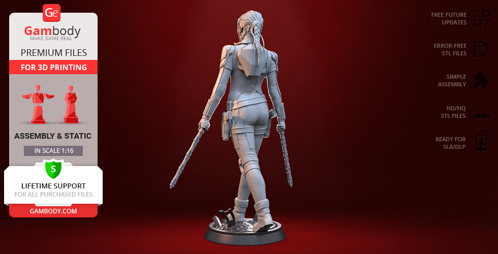 A 3D model of a female character holding batons, ready for 3D printing, shown from the back.