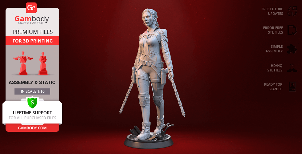 A 3D printed model of a character in tactical gear holding batons, ready for assembly at a 1:16 scale.