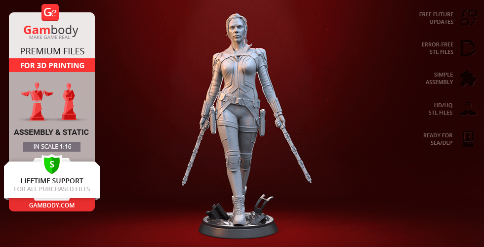 A detailed 3D model of a female action figure in tactical outfit holding batons, ready for 3D printing.