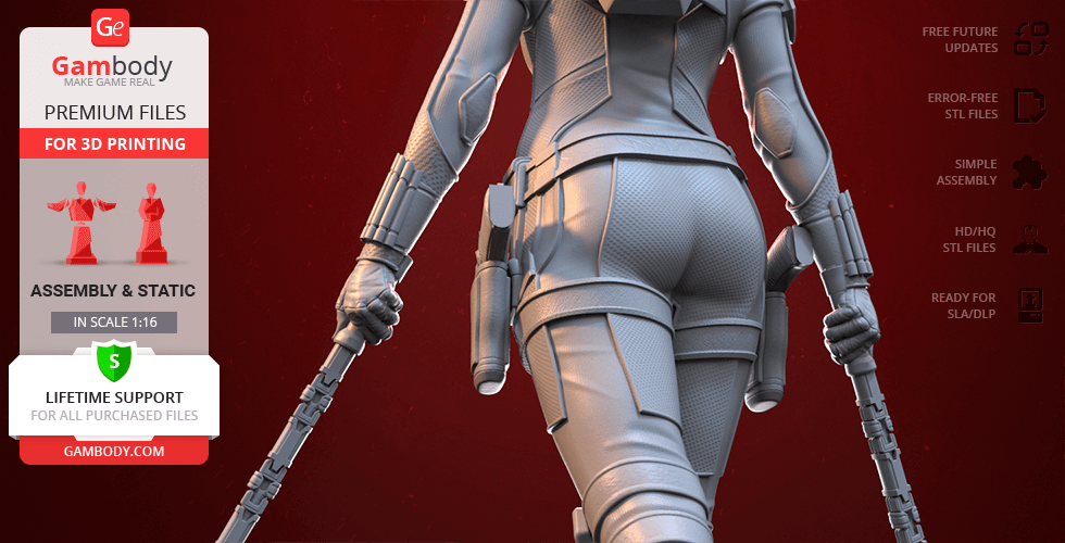 3D model figure in tactical outfit holding batons, with icons highlighting features of Gambody STL files.