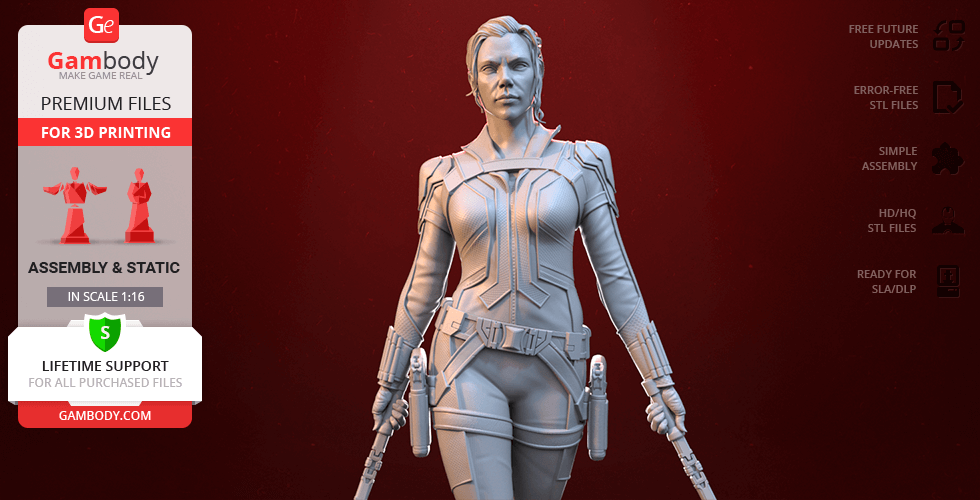 A 3D printed model of a woman in tactical gear holding two batons, set against a red background.