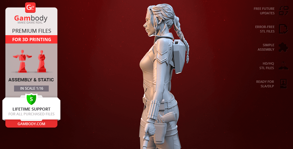 3D model of a female character with braided hair in a fitted outfit, suitable for 3D printing.