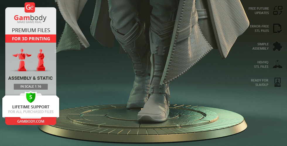 A detailed 3D model of a character's lower half in a cloak, showcased for 3D printing with premium file features.