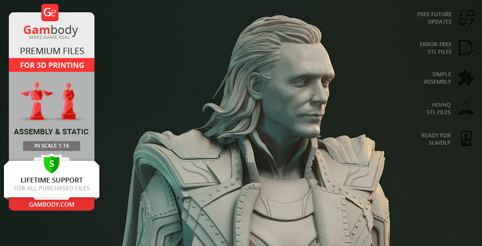 A detailed 3D model of a character with long hair, wearing armor, ready for 3D printing by Gambody.