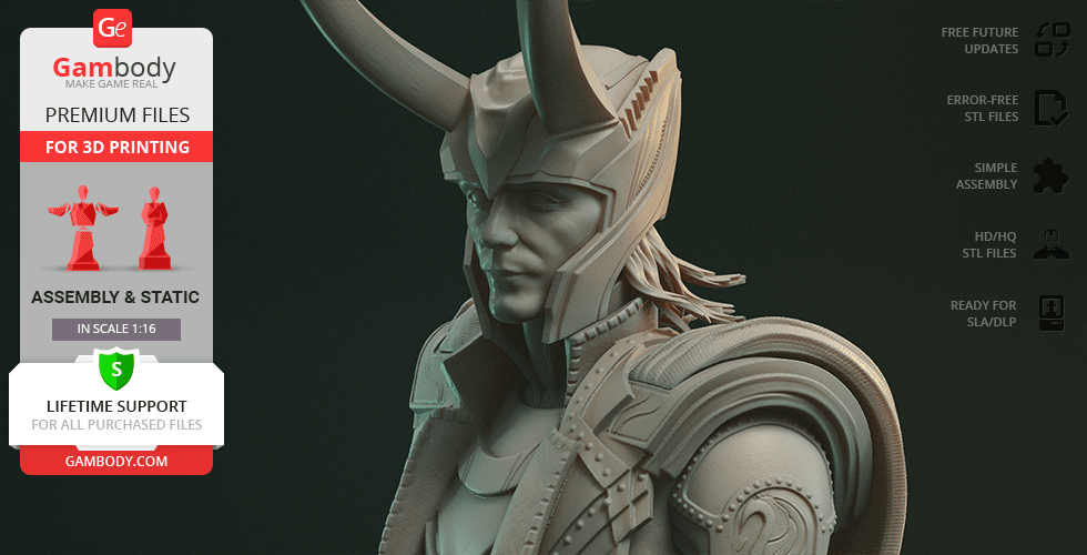 A detailed 3D model of a horned character in armor, ready for 3D printing from Gambody files.