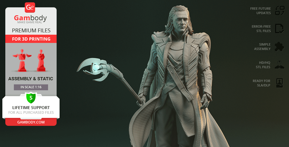 A detailed resin 3D model of a character in ornate armor with a long coat, holding a staff with a glowing orb.