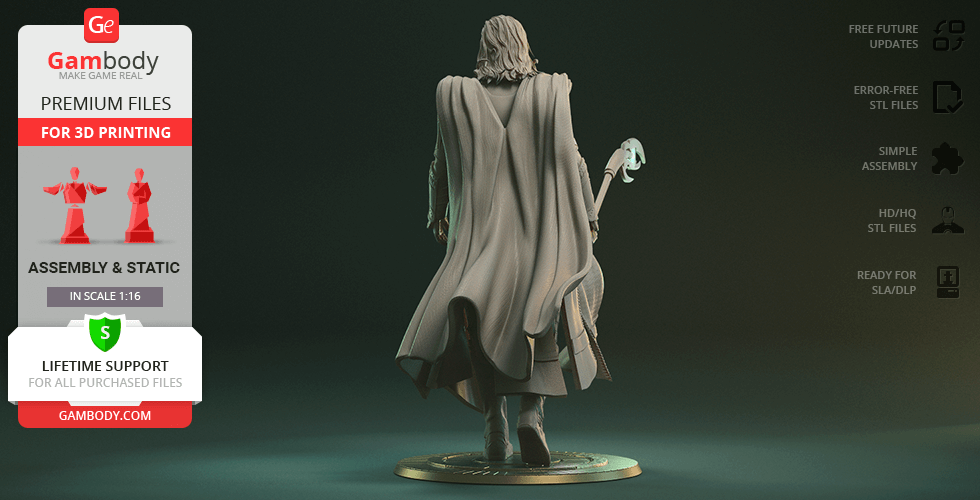 3D model of a cloaked figure holding a staff, ready for 3D printing, next to product benefits list.