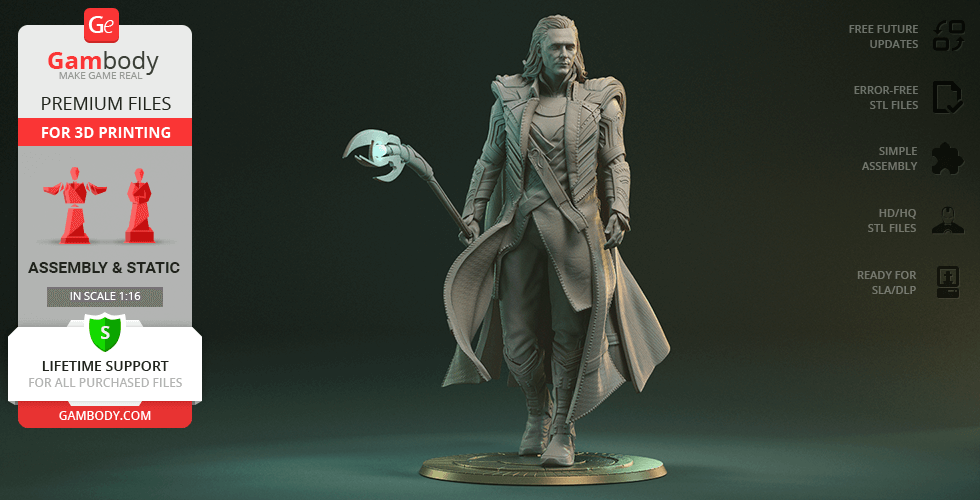 A detailed 3D model of a character in armor with a cape, standing on a round base.