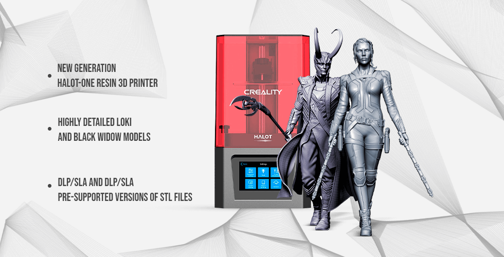 Creality HALOT-ONE resin 3D printer with detailed Loki and Black Widow models, promotional text on left.