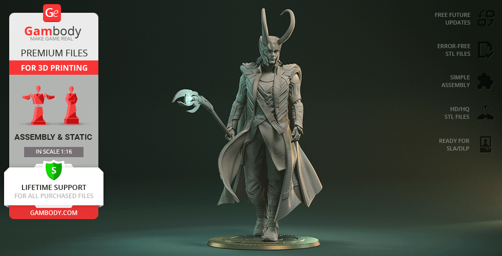 A 3D model of a character in a detailed outfit, holding a staff with curved horns on a circular base.