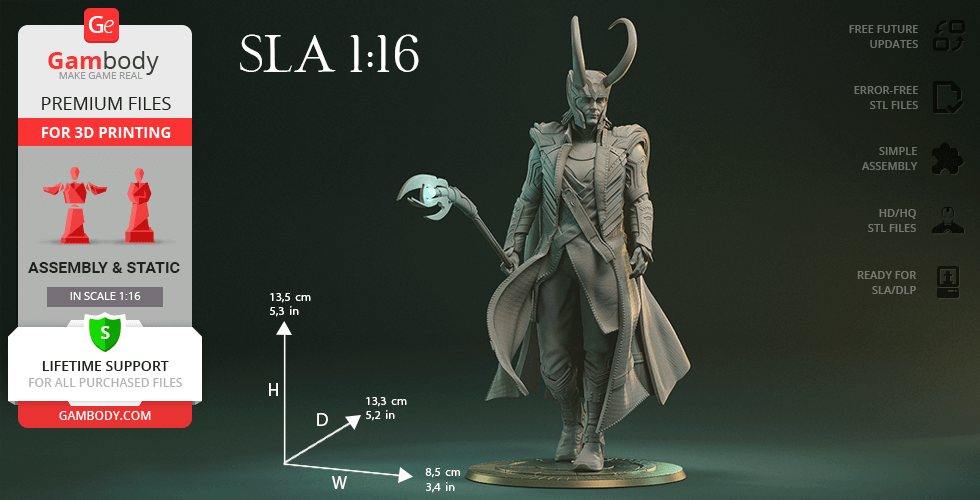 A 3D printed figure of a character with a horned helmet and staff, labeled SLA 1:16, alongside printing details.