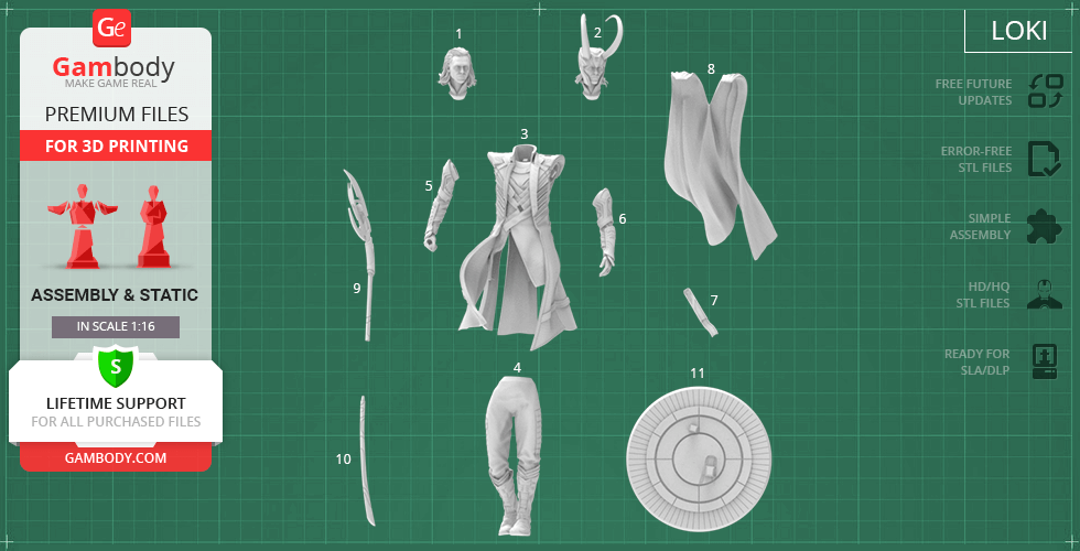 3D model parts for a detailed figure with cape, headpieces, and accessories, designed for assembly.