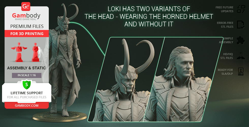 3D model of Loki in two versions: one with a horned helmet, one without. For resin printing.