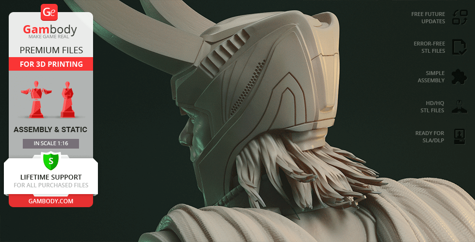 Detailed 3D model of a helmeted character with horns, showcasing intricate armor and hair texture.