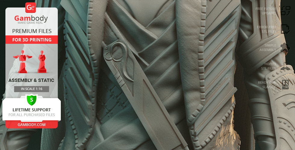 Close-up of a detailed 3D printed armor from Gambody, showing a weapon sheath and intricate patterns.