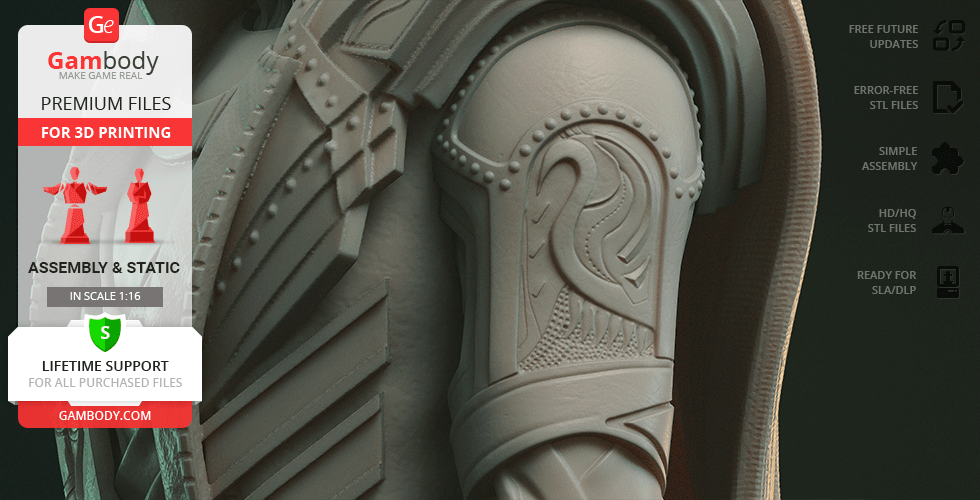 Detailed 3D model design of an ornate shoulder armor piece with artistic engravings.