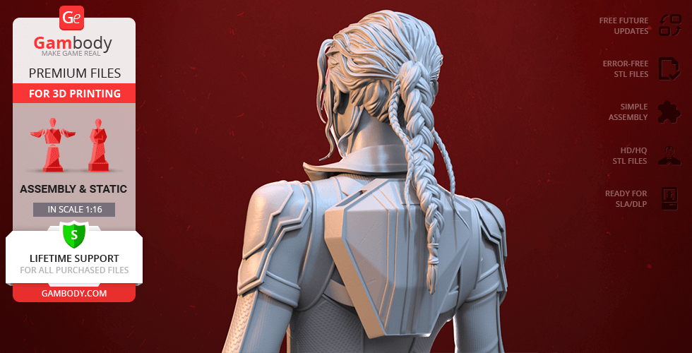 3D model of a costumed character with braided hair, shown from the back against a red background.