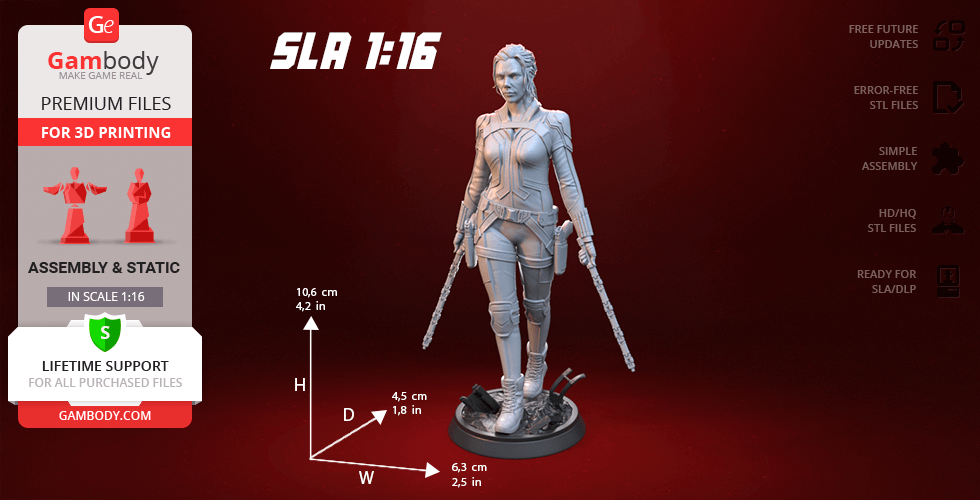 A 3D printed female warrior figure with weapons on a base, detailed and ready for assembly.