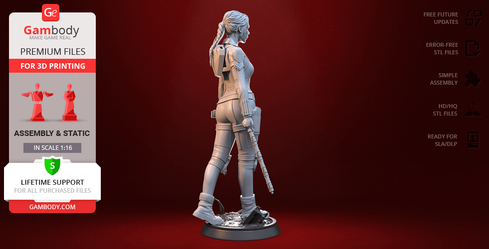 A detailed 3D model of a female character holding a staff, shown from the back on a display base.