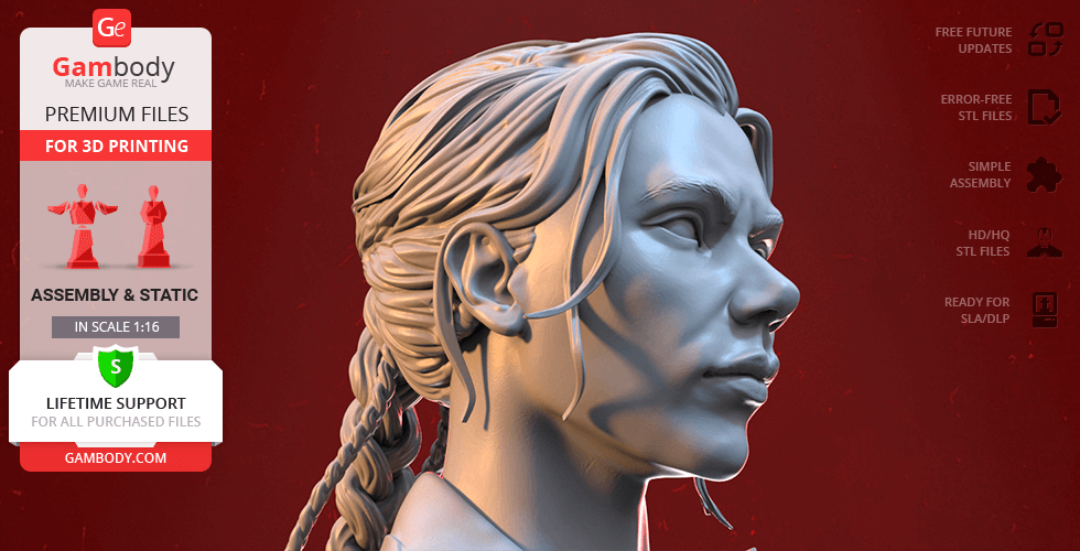 3D printed bust of a character with detailed hair and facial features, against a red background, from Gambody.
