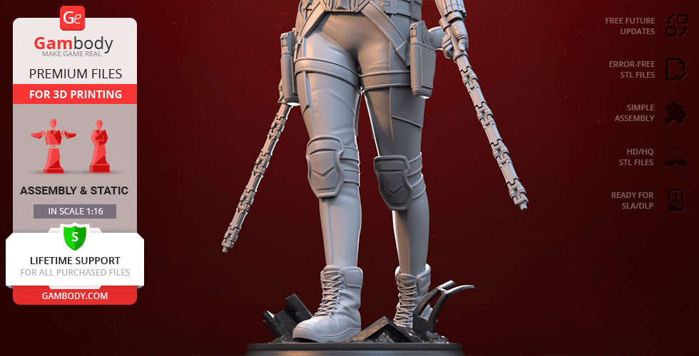 A 3D model of a figure in tactical gear holding batons, designed for 3D printing.