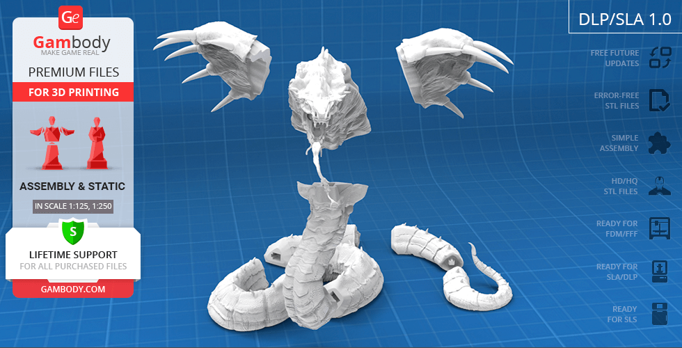 3D printable King Cobra model with open mouth and detailed body segments.