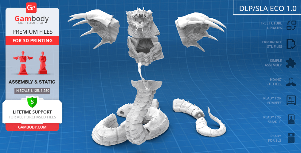 3D model of a menacing king cobra with large fangs and open hood, segmented for printing.