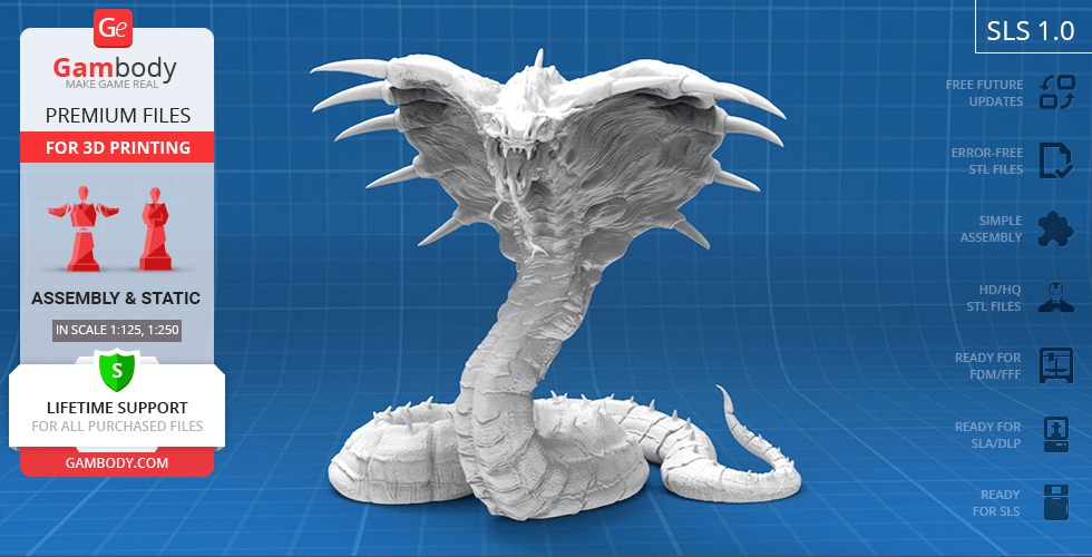 A detailed 3D model of a coiled King Cobra, with an open hood, ready for 3D printing.