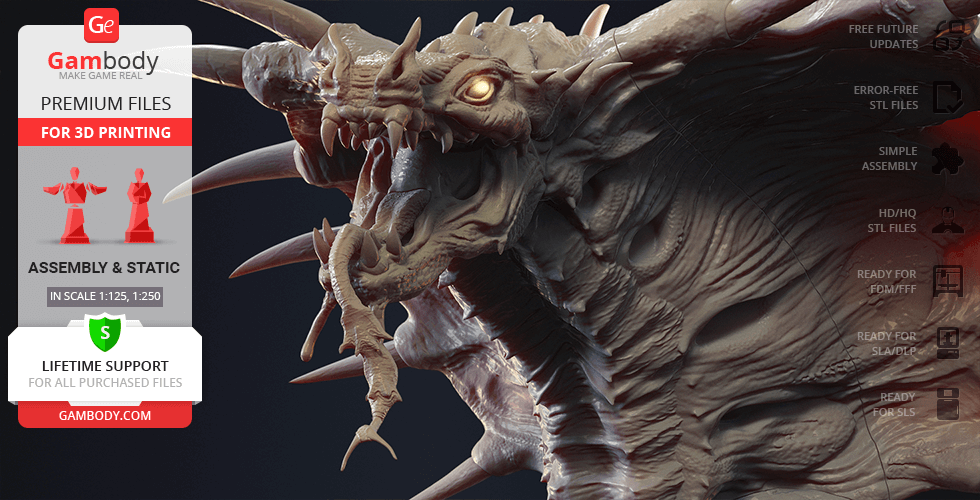 A detailed 3D model of a fierce, fantasy dragon creature with horns, scales, and an open mouth, ready for printing.