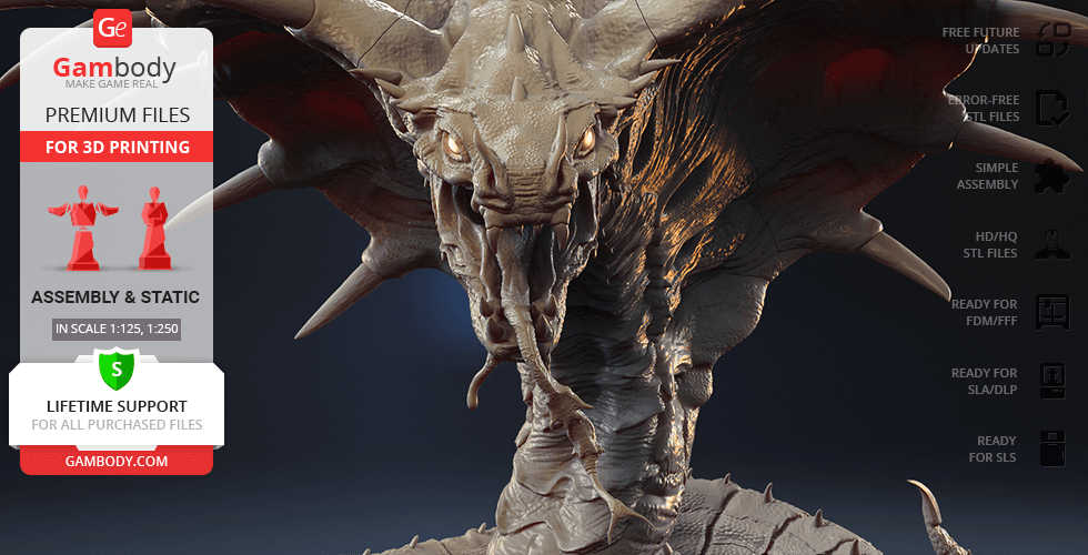 A detailed 3D model of a menacing, mythical serpent-like creature with a wide hood, ready for 3D printing.