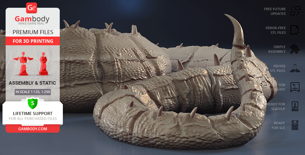 A detailed 3D model of a coiled king cobra with textured scales and spiky ridges, ready for 3D printing.