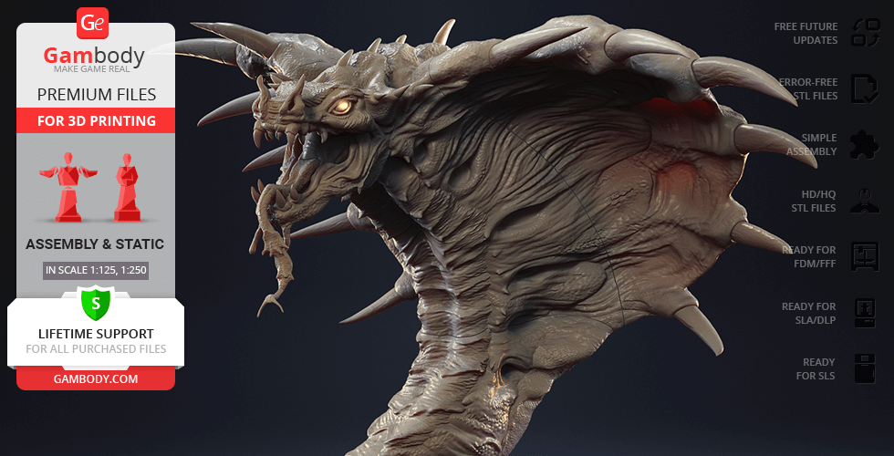 A detailed 3D model of a mythical creature with horns and scales, designed for 3D printing.