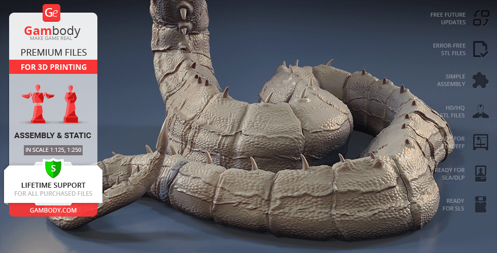 A detailed 3D model of a king cobra coiled and ready for 3D printing, showcasing textured scales.