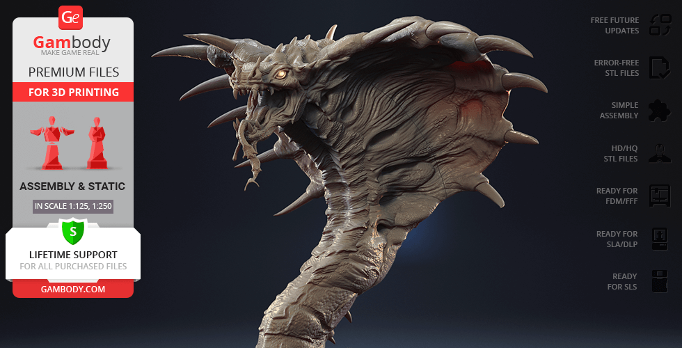 A detailed 3D model of a fantastical king cobra with horns, designed for 3D printing.