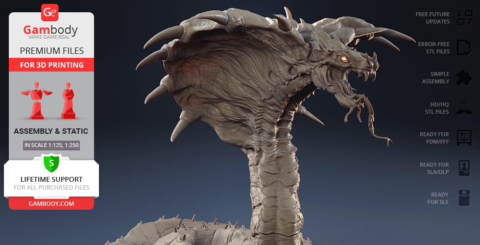 A detailed 3D model of a fierce king cobra with an open hood and fangs, designed for 3D printing.